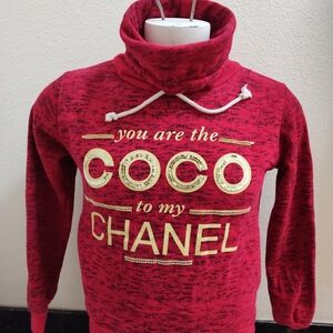 Red Cowl Neck Sweater with Gold Lettering